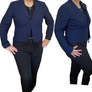 Evan Picone Vintage Navy Blue Lined Polyester midi blazer Jacket Size 14 Women's